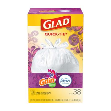 Glad® Tall Kitchen Quick-Tie® Trash Bags, OdorShield®, 13 Gallon White Trash Bag, Gain Moonlight Breeze Scent with Febreze Freshness, 38 Count