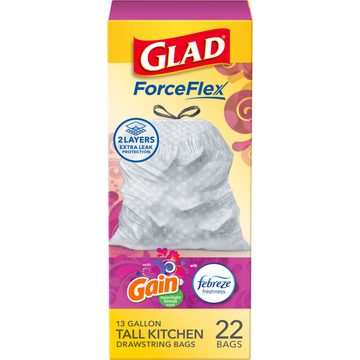 Glad ForceFlex Tall Kitchen Drawstring Trash Bags, 13 Gal, Gain Moonlight Breeze, Febreze, 22 Ct