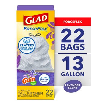 Glad ForceFlex Tall Kitchen Drawstring Trash Bags, 13 Gal, Gain Lavender with Febreze, 22 Ct