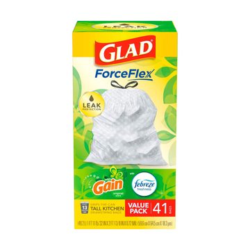 Glad ForceFlex Tall Kitchen Drawstring Trash Bags with Gain Original scent and Febreze Freshness - 13 Gallon, 41 ct