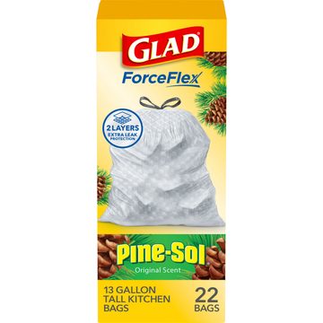Glad ForceFlex Tall Kitchen Drawstring Trash Bags, 13 Gal, Pine-Sol Original with Febreze, 22 Ct