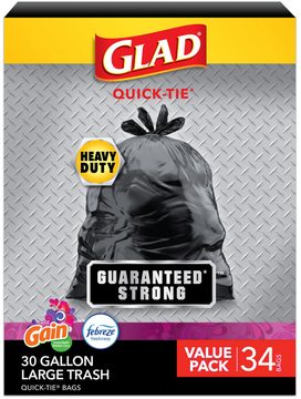 Glad Quick-Tie Large Scented Trash Bags, 30 Gallon, 34 Bags