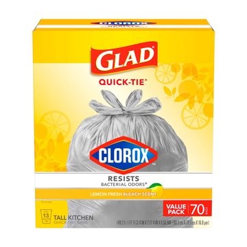 Glad Tall Kitchen 13 Gallon Quick-Tie Trash Bags With Clorox - Lemon Fresh Bleach Scent, 70 ct