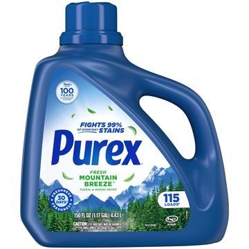Purex Fresh Mountain Breeze Liquid Laundry Detergent, 150 fl oz, 115 loads.