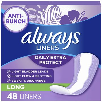 Always Daily Extra Protect Liners, Long Length Length, Unscented Panty Liners, 48 Count