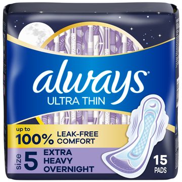 Always Ultra Thin Feminine Pads with Wings for Women, Size 5, Extra Heavy Overnight Absorbency, Unscented, 15 Count