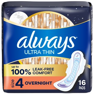 Always Ultra Thin Feminine Pads with Wings for Women, Size 4, Overnight Absorbency, Unscented, 16 Count