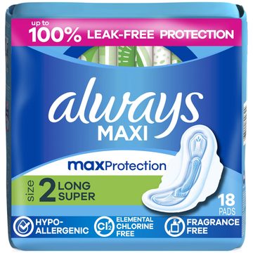 Always Maxi Feminine Pads with Wings for Women, Size 2, Long Super Absorbency, Unscented 18 Count