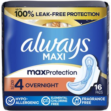 Always Maxi Overnight Pads with Wings for Women, Size 4, Overnight Absorbency, Unscented, 16 Count