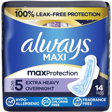 Always Maxi Overnight Pads with Wings for Women, Size 5, Extra Heavy Overnight Absorbency, Unscented, 14 Count