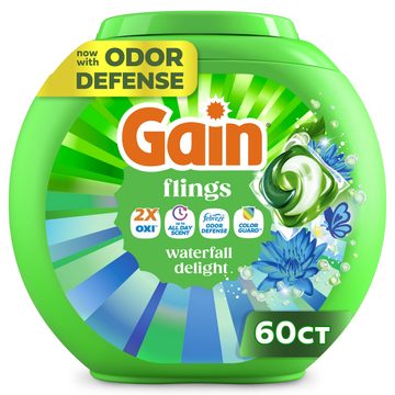 Gain Flings Liquid Washing Detergent pacs, Now with Odor Defense + Color Guard, Waterfall Delight Scent, 60 Count, 4-In-1 liquid laundry detergent pacs (Oxi, up to all day scent, Febreze Odor Defense and color guard), clean & fresh
