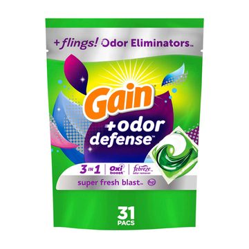 Gain Flings Laundry Detergent Pacs with Odor Defense, 31 Count, Super Fresh Blast Scent, HE 3in1 Detergent Pacs with Febreze and Oxi