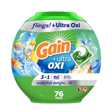 Gain Flings Ultra Oxi Laundry Detergent Pacs, Waterfall Delight Scent, 54 oz, 76 ct