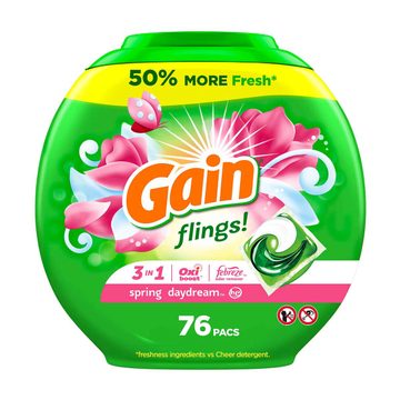 Gain Flings Laundry Detergent Pacs, 76 Count, Spring Daydream Scent, 3 in 1 HE Detergent Pacs with Oxi Boost and Febreeze