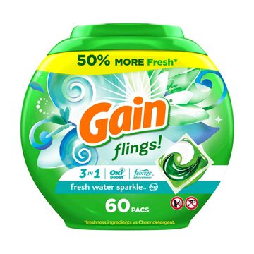 Gain flings! Laundry Detergent Pacs with Odor Defense, 60 Ct, Fresh Water Sparkle HE 3in1 Detergent Pacs with Febreze and Oxi