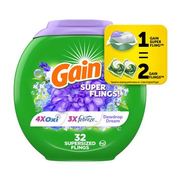 Gain Super Flings Laundry Detergent Pacs, Dewdrop Dream Scent, 50 oz, 32 ct