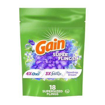 Gain Super Sized Flings Laundry Detergent Pacs, Dewdrop Dream Scent, 18 ct