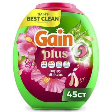 Gain Plus Flings Liquid Washing Detergent pacs, Gain's Best Clean, All-In-One, Happy Hibiscus Scent, 45-Count tub