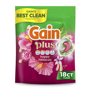 Gain Plus Flings Liquid Washing Detergent pacs, Gain's Best Clean, All-In-One, Happy Hibiscus Scent, 18-Count bag
