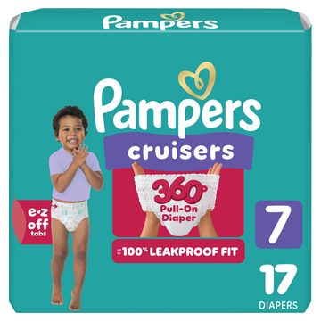 Pampers Diapers - Cruisers 360° - Size 7, 17 Count, up to 100% Leakproof Fit, Designed for Active Babies, Pull On Diaper, EZ Off Tabs Designed for Easy Changes