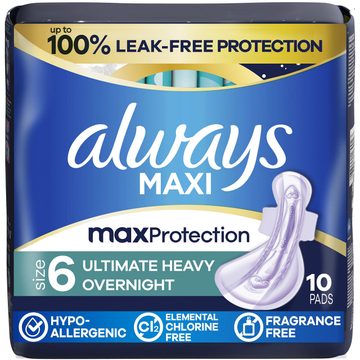 Always Maxi Overnight Pads with Wings for Women, Size 6, Ultimate Heavy Overnight Absorbency, Unscented, 10 Count