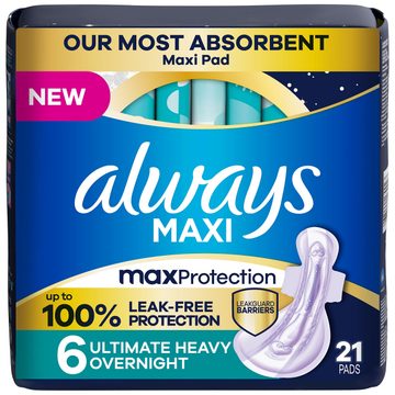 Always Maxi Overnight Pads with Wings for Women, Size 6, Ultimate Heavy Overnight Absorbency, Unscented, 21 Count