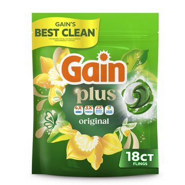 Gain Plus Flings Liquid Washing Detergent pacs, Gain's Best Clean, All-In-One, Original Scent, 18-Count bag