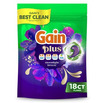 Gain Plus Flings Liquid Washing Detergent pacs, Gain's Best Clean, All-In-One, Moonlight Breeze Scent, 18-Count bag