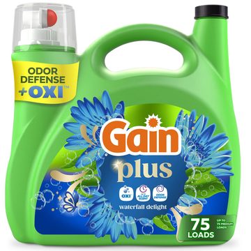 Gain Plus Liquid Laundry Detergent, Cleaner, Fresher, Now with Oxi, Waterfall Delight Scent, 99 fl oz, 75 Loads
