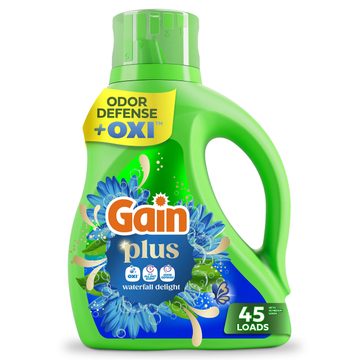 Gain Plus Liquid Laundry Detergent, Cleaner, Fresher, Now with Oxi, Waterfall Delight Scent, 60 fl oz, 45 Loads