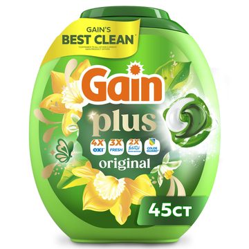 Gain Plus Flings Liquid Washing Detergent pacs, Gain's Best Clean, All-In-One, Original Scent, 45-Count tub