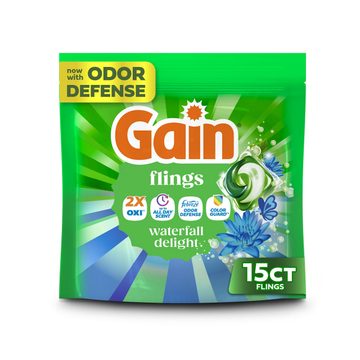 Gain Flings Liquid Washing Detergent pacs, Now with Odor Defense + Color Guard, Waterfall Delight Scent, 15 Count, 4-In-1 liquid laundry detergent pacs (Oxi, up to all day scent, Febreze Odor Defense and color guard), clean & fresh