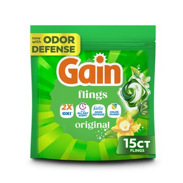 Gain Flings Liquid Washing Detergent pacs, Now with Odor Defense + Color Guard, Original Scent, 15 Count, 4-In-1 liquid laundry detergent pacs (Oxi, up to all day scent, Febreze Odor Defense and color guard), clean & fresh