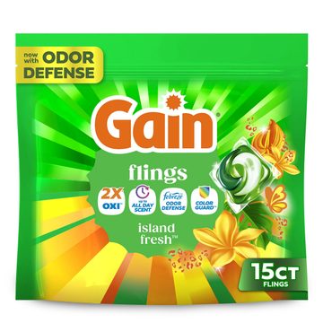 Gain Flings Liquid Washing Detergent pacs, Now with Odor Defense + Color Guard, Island Fresh Scent, 15 Count, 4-In-1 liquid laundry detergent pacs (Oxi, up to all day scent, Febreze Odor Defense and color guard), clean & fresh