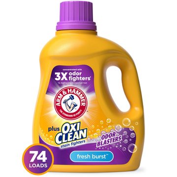 ARM & HAMMER Plus OxiClean with Odor Blasters Liquid Laundry Detergent, Laundry Odor Remover, Attacks Stains, Fresh Burst Scent, 74 Loads, 96.2 Fl Oz