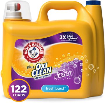 ARM & HAMMER Plus OxiClean with Odor Blasters Liquid Laundry Detergent, Laundry Odor Remover, Attacks Stains, Fresh Burst Scent, 122 Loads, 158.6 Fl Oz