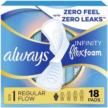 Always Infinity FlexFoam Pads for Women, Size 1, Regular Pad with Wings, Unscented, 18 Count