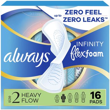 Always Infinity FlexFoam Pads for Women, Size 2, Heavy Pad with Wings, Unscented, 16 Count