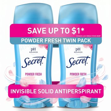 Secret Invisible Solid Antiperspirant and Deodorant, Powder Fresh, Twin Pack, 2.6 oz each