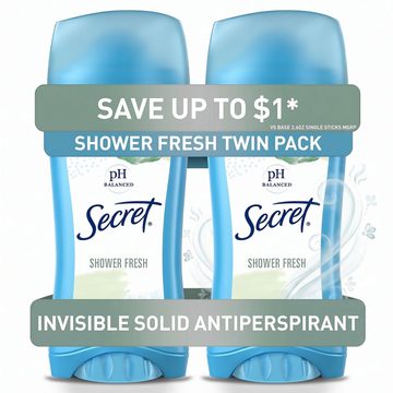Secret Invisible Solid Antiperspirant and Deodorant, Shower Fresh, Twin Pack, 2.6 oz each