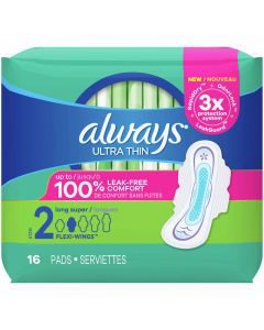 Always Ultra Thin, Unscented Pads with Wings, Size 2 Long Super, 16 ct
