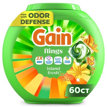Gain Flings Liquid Washing Detergent pacs with Odor Defense + Color Guard, Island Fresh Scent, 60 Count, 4-In-1 liquid laundry detergent pacs (Oxi, up to all day scent, Febreze Odor Defense and color guard), clean & fresh