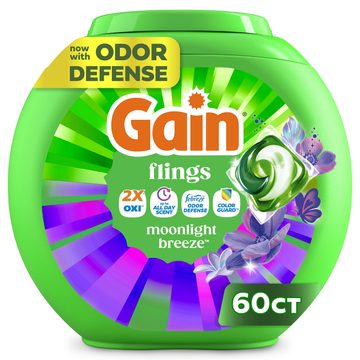 Gain Flings Liquid Washing Detergent pacs with Odor Defense + Color Guard, Moonlight Breeze Scent, 60 Count, 4-In-1 liquid laundry detergent pacs (Oxi, up to all day scent, Febreze Odor Defense and color guard), clean & fresh