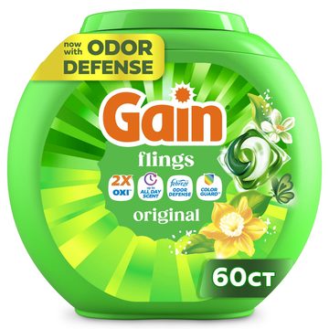 Gain Flings Liquid Washing Detergent pacs, Now with Odor Defense + Color Guard, Original Scent, 60 Count, 4-In-1 liquid laundry detergent pacs (Oxi, up to all day scent, Febreze Odor Defense and color guard), clean & fresh