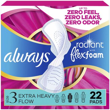 Always Radiant with FlexFoam Pads for Women, Size 3, Extra Heavy Pad with Wings, Scented, 22 Count