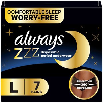 Always ZZZs Disposable Period Underwear, Size L, Absorbs 5X more than an Ultra Thin Overnight Pad, 7 Count