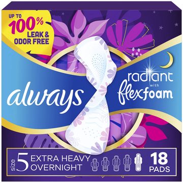 Always Radiant with FlexFoam Pads for Women, Size 5, Extra Heavy Overnight Pad with Wings, Scented, 18 Count