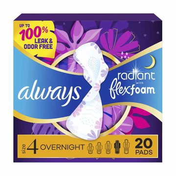Always Radiant with FlexFoam Pads for Women, Size 4, Overnight Pad with Wings, Scented, 20 Count