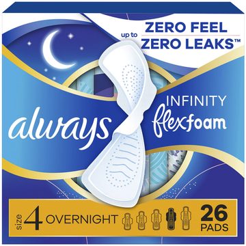 Always Infinity FlexFoam Pads for Women, Size 4, Overnight Pad with Wings, Unscented, 26 Count