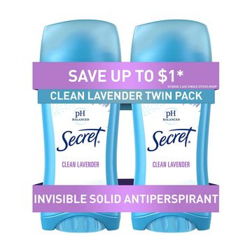 Secret Invisible Solid Antiperspirant and Deodorant, Clean Lavender, 2.6 oz, 2 ct